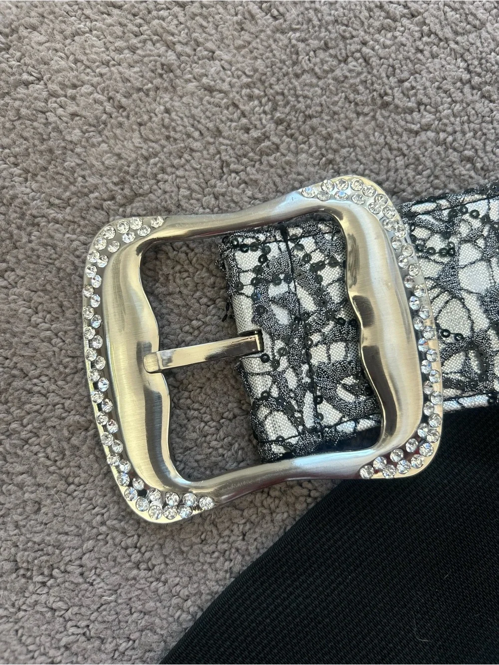 Buckle Black and Silver Stretch Belt with Rhinestone Buckle